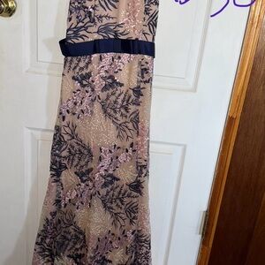 Floral Sequin Gown with Navy Accents